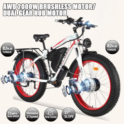 Electric Bike for Adults, 2000W Dual MotorAWD 48V 22Ah Fat Tire Ebike 35MPH Electric Bicycles Shimano 21-Speed with Ignition Lock Hydraulic Disc Brakes Bike