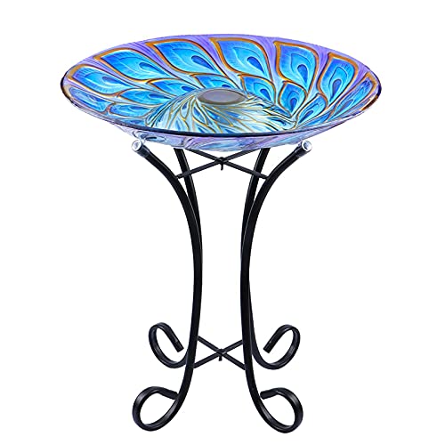 MUMTOP Outdoor Glass Bird Bath Solar Birdbaths with Metal Stand for Lawn Yard Garden Peacock Decor,18” Dia 21.65” Height