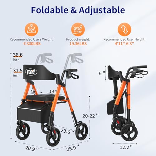 Walkers for Seniors,Foldable Walker with Seat,Rollator Walker with Durable Aluminum,8" Big Wheels for All Terrain, Ergonomic Seat and Backrest,Dual Adjustable Height Rolling Walker| Inky Black