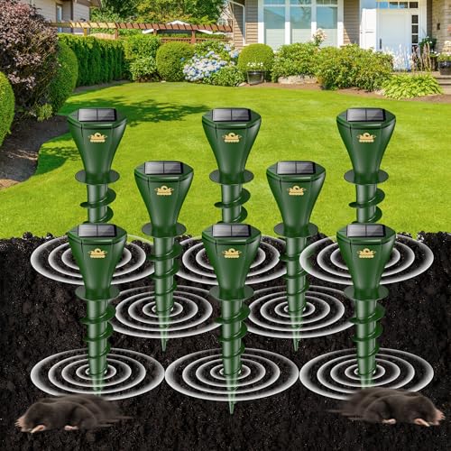 8PCS Mole Repellent Solar Powered, 3 Modes, Repels Moles, Gophers, Snakes and Voles by Vibrating and Varying The Sonic at 2 Minute intervals.