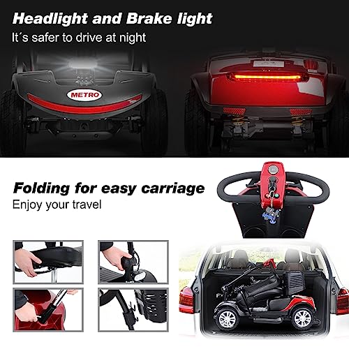 4 Wheel Mobility Scooter, Portable Electric Power Wheelchair, Range Extended Battery Compact Heavy Duty Travel Scooter, with Front Rear Lights and Basket for Seniors, Adults,Handicapped, Elderly (Red)