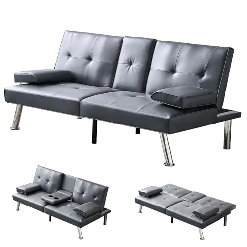 Faux Leather Convertible Folding Futon Sofa Bed with 2 Cup Holders, Sleeper Couch Bed with Removable Armrests, Metal Legs, Upholstered Loveseat for Living Room, Apartment, Dorm, Office (Orange)