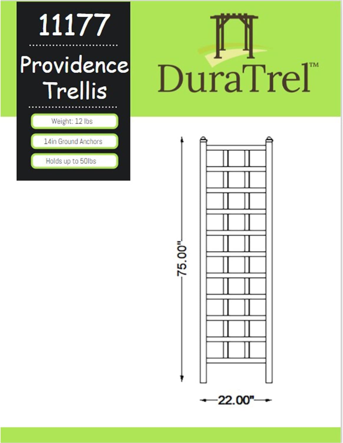 Dura-Trel Providence 22 x 75 Inch PVC Vinyl Outdoor Garden Patio Trellis, with Ground Anchors, White