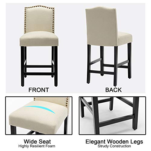 LSSBOUGHT Counter Stools, 24 inches Upholstered Bar Chairs with Solid Wood Legs and Nailed Trim Set of 2 (Beige)
