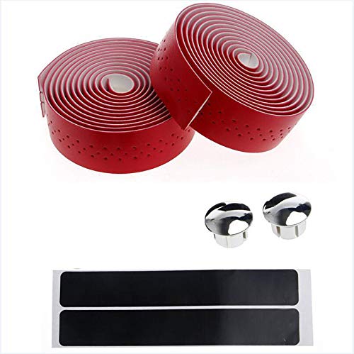 Bicycle Bike Handlebar Tape Luxury PU Leather Bar Tape Fixed Gear/Road Bike Bar Wrap with 2 Reflective Plug (Red)