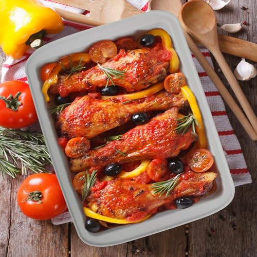 Silicone Baking Dish with Handles, Deep Rectangular Bakeware Cake Pan, Compatible with Fancy Panz, for Lasagna, Cake, Brownie or Family Dinner, 12.6 x 9.8 x 2.1 Inch (Grey)