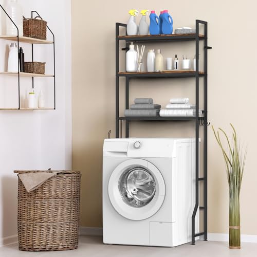 Over The Toilet Storage, Over Toilet Bathroom Organizer 3 Tier, above Toilet Storage Rack for Bathroom Freestanding Bathroom Space Saver with Metal Frame and 4 Hooks for Laundry, Brown