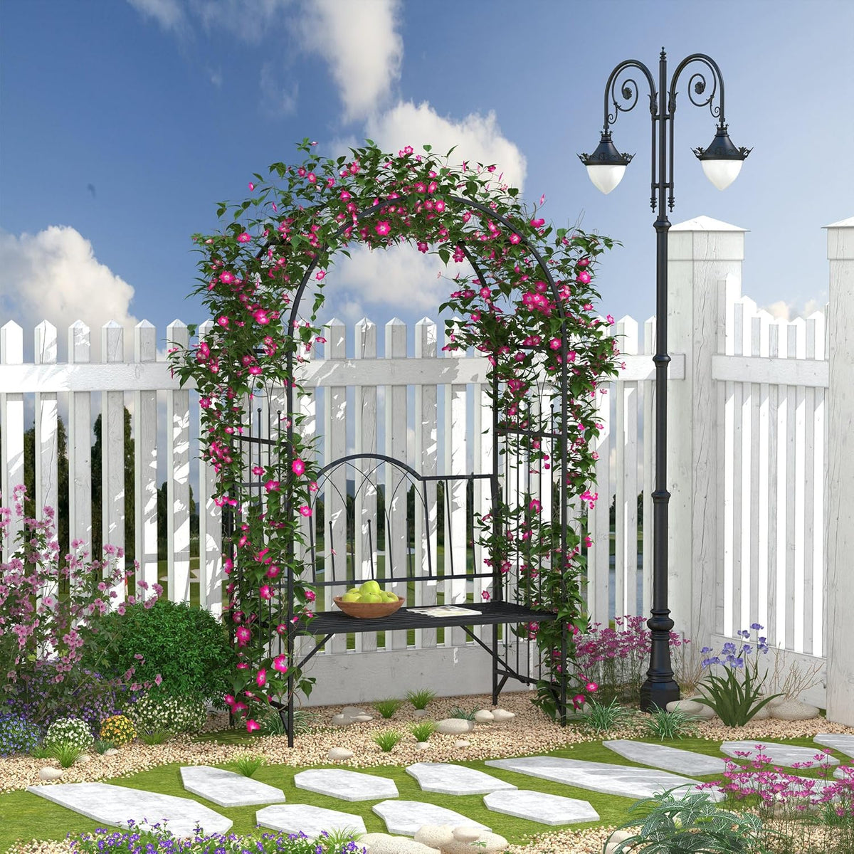 Outsunny Metal Trellis Arbor Arch for Climbing Plants with Garden Bench, Grow Grapes & Vines, Patio Decor & 2-Person Outdoor Interlacing Decorative Seating with Tips, 484 lbs. Weight Capacity, Black