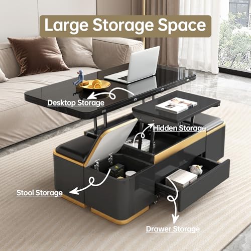 3-in-1 Multi-Functional Coffee Table with Glass Tabletop, Lift Top Center Table with 4 Storage Stools, Expandable Dining Table for Living Room, Office Table with Hidden Storage Compartment