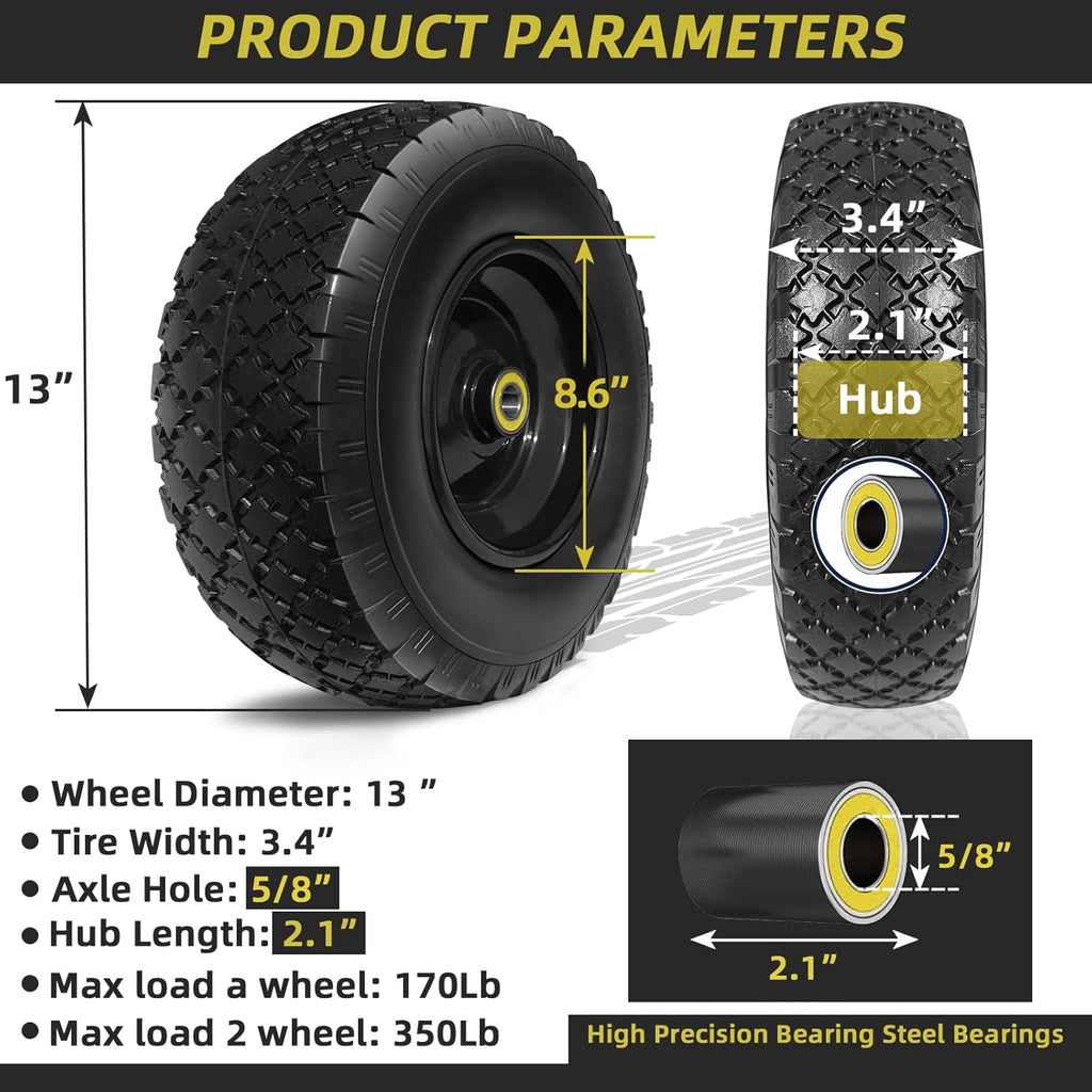 13” Tire and Wheel Flat Free, Replacement Solid Tire and Wheel Assemblies with 5/8” Axle Bore Hole and Double Sealed Bearings, 2.17-6.17inches Adjustable Centered Hub, 2 Packs