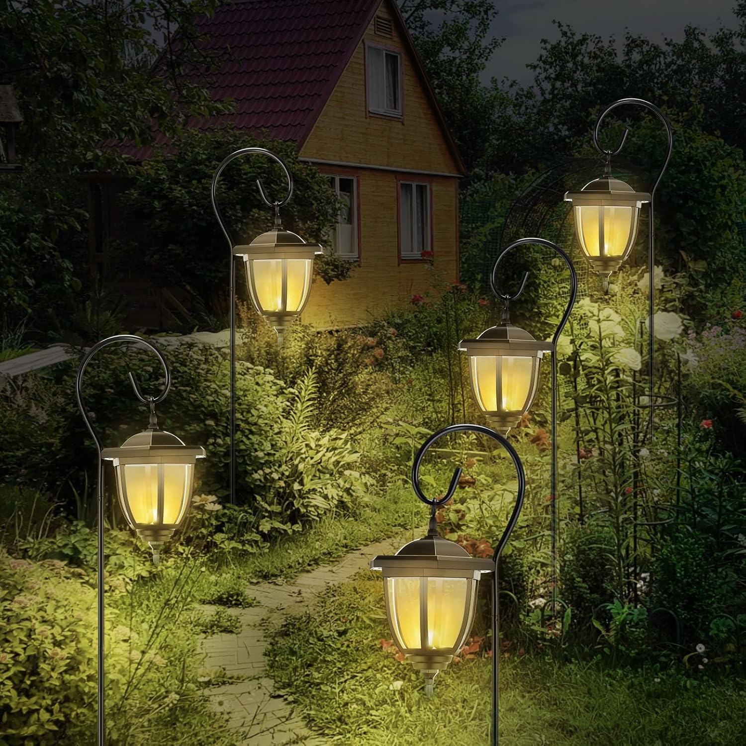 6 Pcs 32" Hanging Solar Lantern Lights with Dual Use Shepherd Hooks Outdoor LED Garden Lanterns Decorative Waterproof Pathway Hanging Lights Solar Coach Lights for Garden Patio