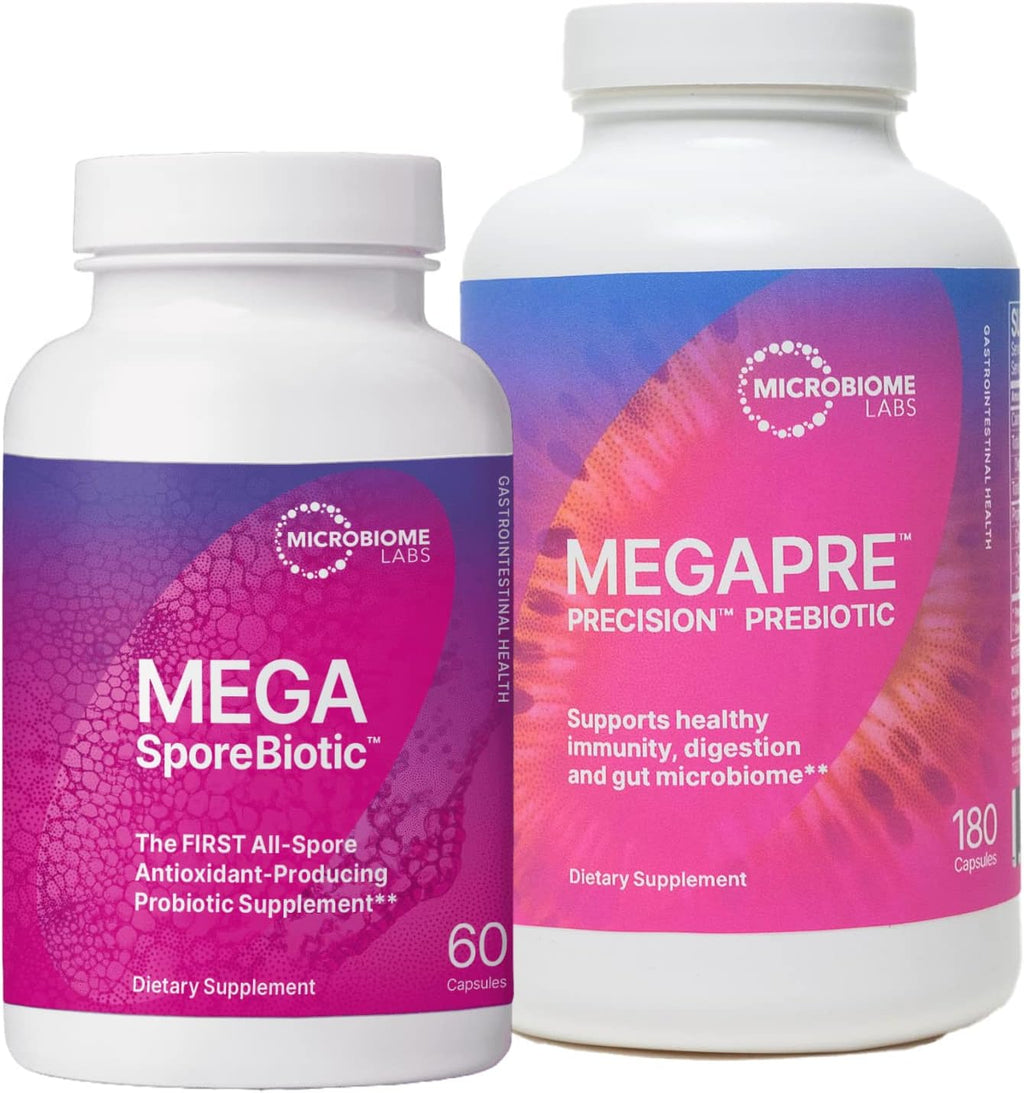 Microbiome Labs MegaSporeBiotic (60 Capsules) + MegaPre (180 Capsules) Probiotic Prebiotic Bundle - Spore-Based Probiotic with Prebiotic Fiber Supplement