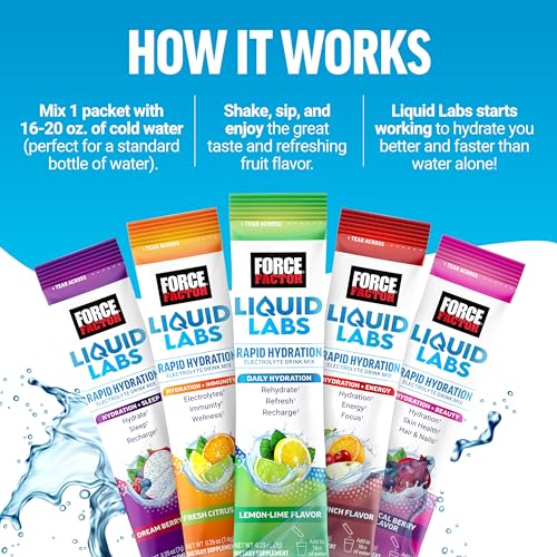 FORCE FACTOR Liquid Labs Electrolytes Powder, Hydration Packets to Make Electrolyte Water with 5 Essential Electrolytes, Vitamins, Minerals, and Antioxidants, Tropical Fruit Flavor, 20 Stick Packs