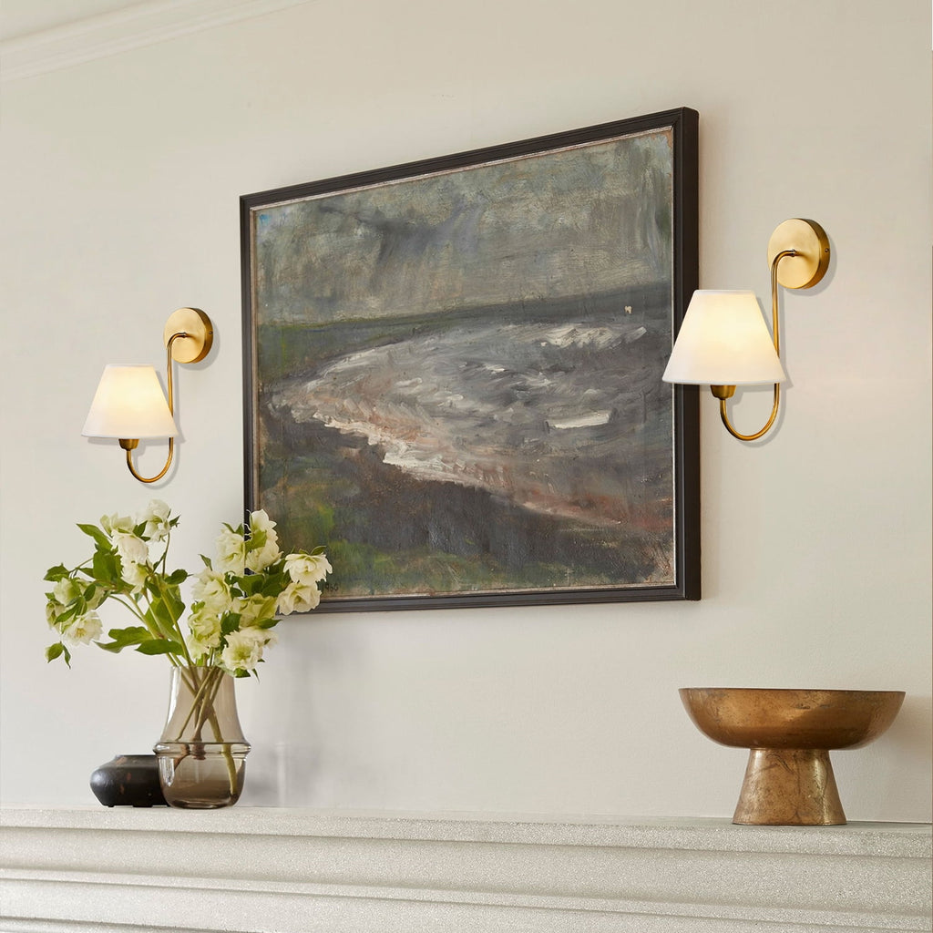Gleaming Elegance Wall Sconce with Antique Brass&White Linen Shade,Indoor Sconce for Living&Bedroom