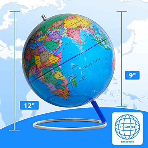 13" World Globe with Stand, 720° Swivels in All Directions, Stainless Steel Stand, Geographic/Decorative Desktop Decoration World Globe Map with Clear Text for Home, School, Office,Blue