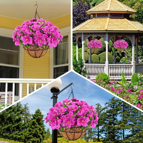 Artificial Hanging Flowers with Basket, Silk Azalea Flowers in Coconut Lining Hanging Baskets, Fake Hanging Plants for Outdoors Indoors yard Garden Patio Home Room Porch Decorations (Fuchsia)