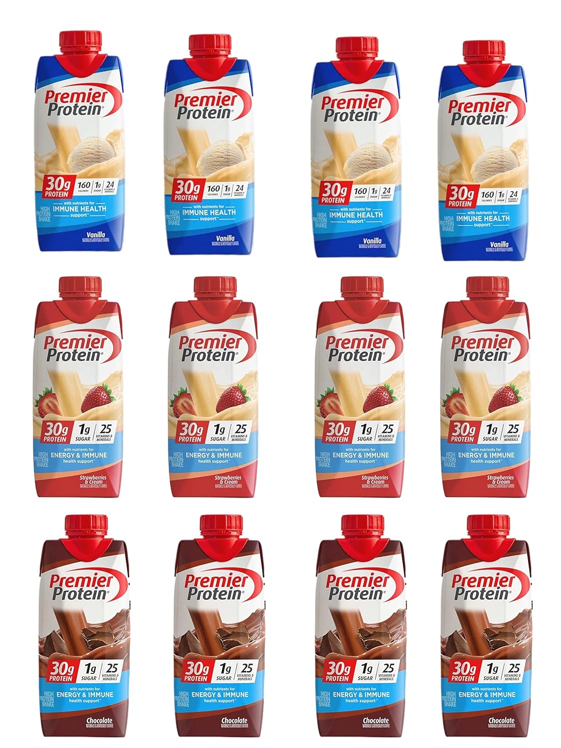 Premier Protein High Protein Shake, Strawberry Cream, Chocolate, and Vanilla Variety (11 Fl oz. 12pk) World Group Packing Solutions, Total:132.0 Fl Oz