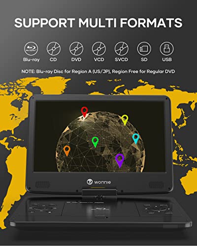 WONNIE 16.9" Portable Blu ray DVD Player with 14.1" 1080P HD Swivel Screen, 4-Hour Rechargeable Battery, Supports HDMI Output, Surround Audio, Last Memory, USB/SD Card, AV in