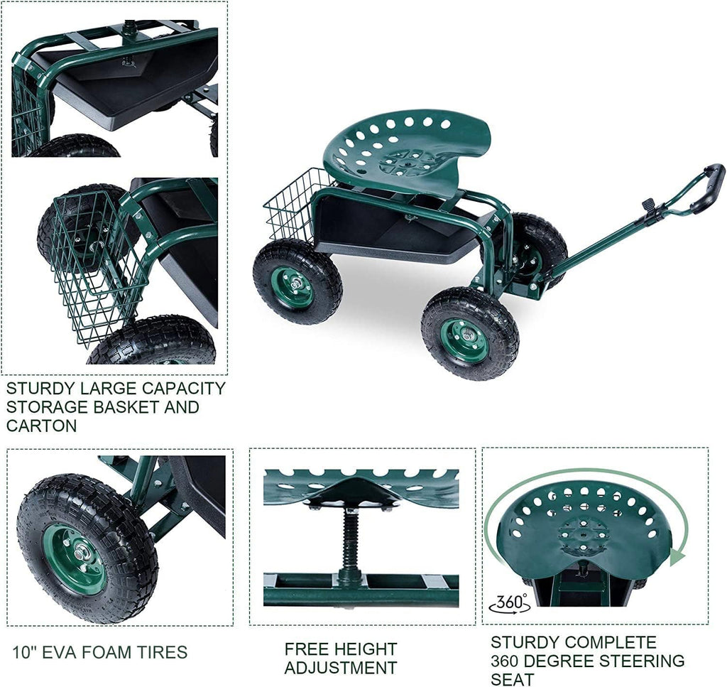 Steerable Garden Stool Cart with Tool Tray and Storage Basket on Wheels Rolling Work Seat Heavy Duty Scooter with Extendable Steer Handle Green