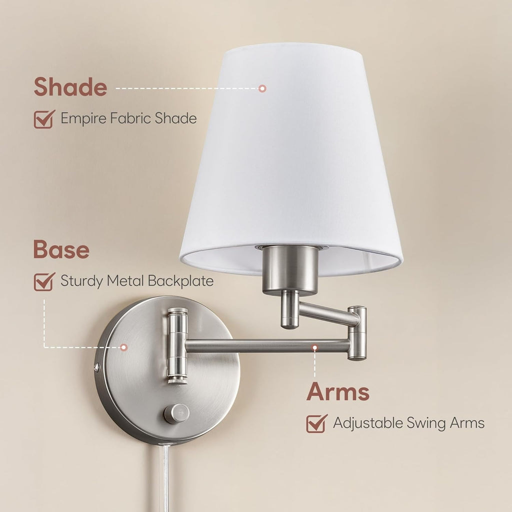Wall Sconce Set of 2, Plug in & Hardwired Swing Arm Wall Lamps, Adjustable Wall Mounted Lighting Fixtures, Modern Wall Lights with Nickel Base White Fabric Shade for Bedside, Hallway, Study