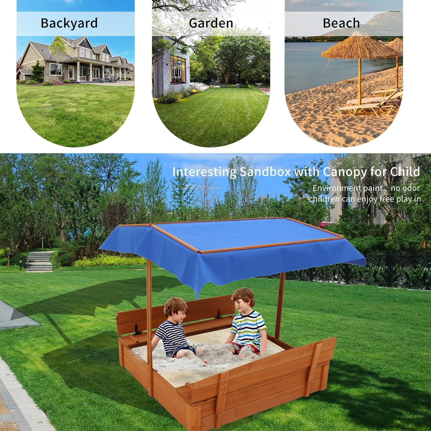 Wooden Cedar Sand Box, Large Kids Sand Boxes with Adjustable Canopy, 2 Foldable Bench Seats, Sand Protection, Bottom Liner, Sand Boxes for Backyard Garden, Sand Pit for Beach Patio Outdoor (47 Inch)
