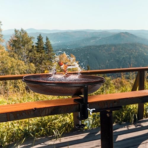 13 Inches Deck Bird Bath, Metal Bird Bath Bowl Unheated with Clamp Detachable, Bird Baths for Outdoors Railing Balcony Garden Decor