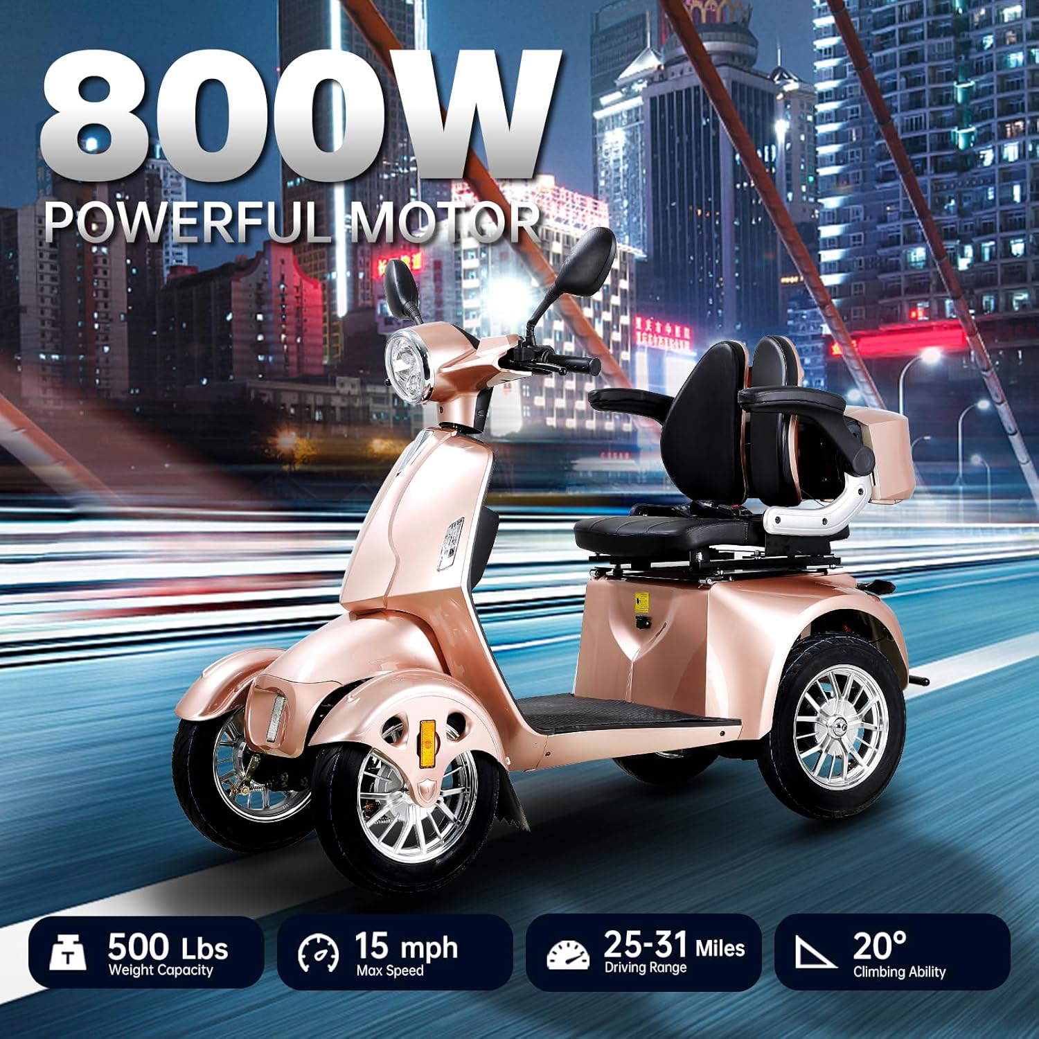 800W Heavy Duty 4 Wheel Mobility Scooters for Seniors & Adults 500lbs Capacity, Powered Mobility Scooters with 3-Speed Control & USB Charger Port, Under Seat Storage, Rose