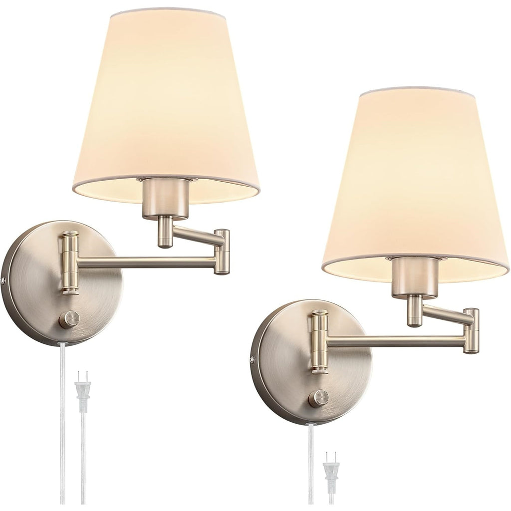 Wall Sconce Set of 2, Plug in & Hardwired Swing Arm Wall Lamps, Adjustable Wall Mounted Lighting Fixtures, Modern Wall Lights with Nickel Base White Fabric Shade for Bedside, Hallway, Study