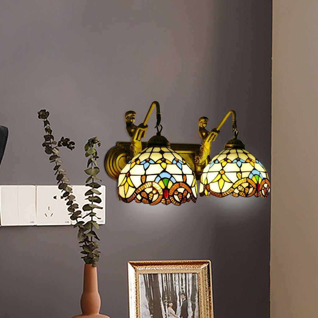 Retro Gold Stained Glass Wall Sconce 2 Lights Tiffany Mermaid Vanity Fixture Wall Light for Front Doors