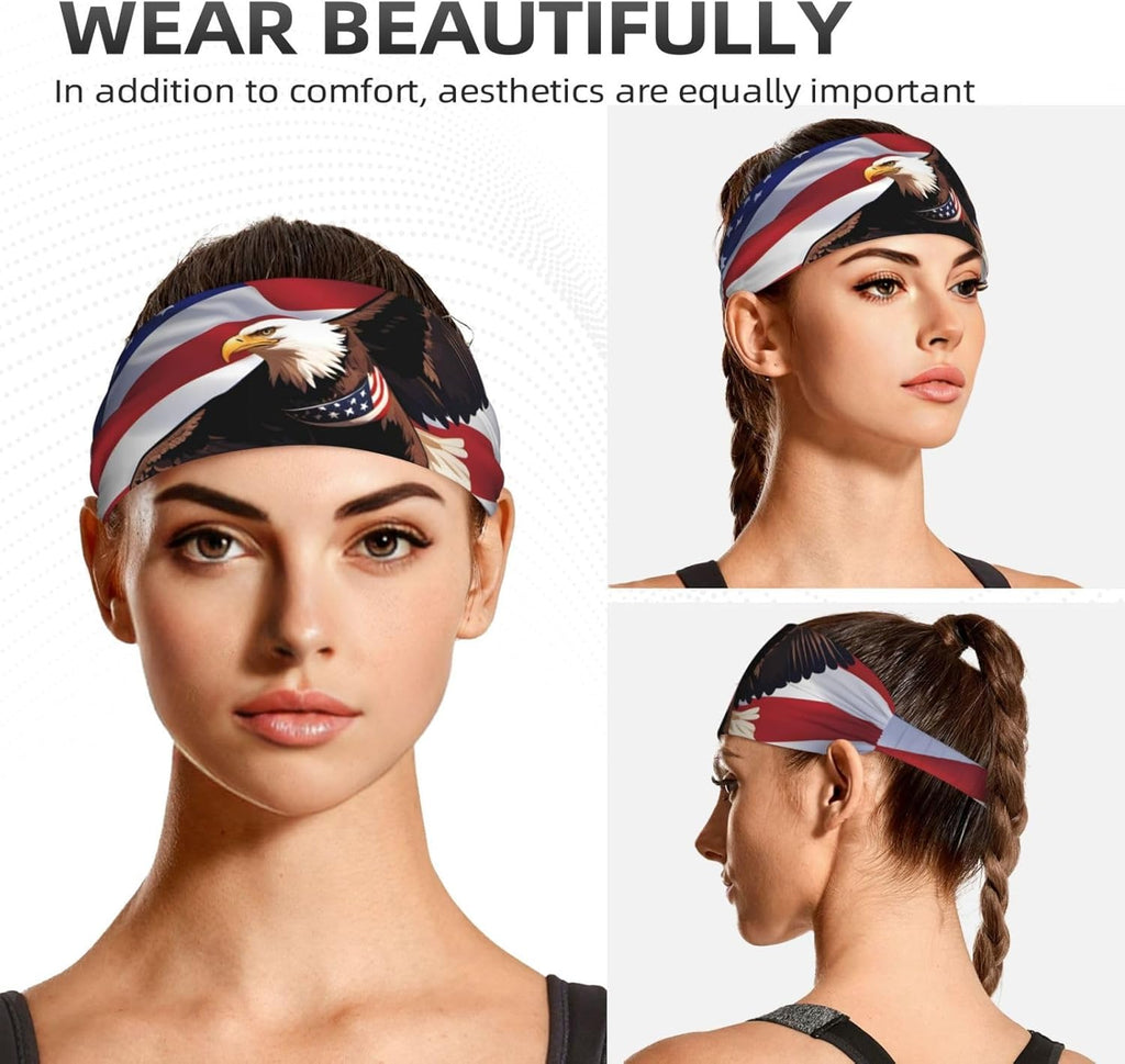 Elastic Exercise Headband for Men & Women Moisture Wicking Athletic for Running, Gym, Working Out USA Patriotic Eagle with American Flag Pattern