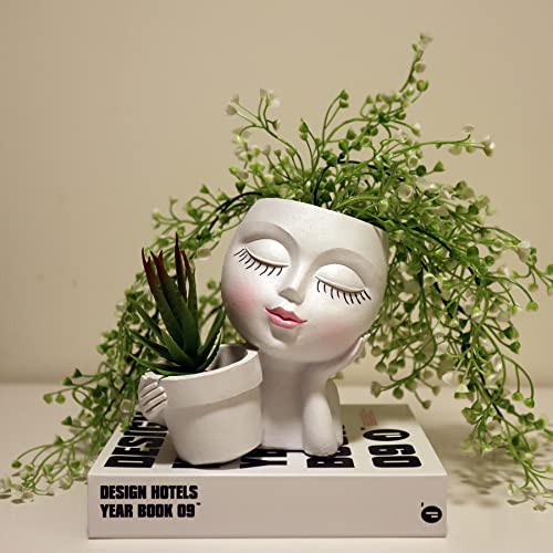 Head Planter Face Flower Pot, Dolkgy Woman Face Planter Unique White Head Planters for Indoor Outdoor Plants, Novelty Plant Pot Cute Lady Head Vase with Drainage Hole for Home Garden Succulents Cactus