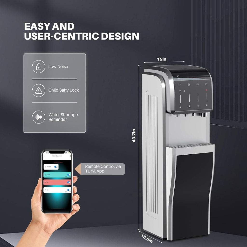 ICEPURE Water Dispenser with Ice Maker, 5-in-1 Water Cooler 5 Gallon Built-in Ice Maker Crushed Ice, Hot and Cold Water Dispenser Bottom Load, Bullet and Chewable Ice Maker, 35lbs/24H, Stainless Steel