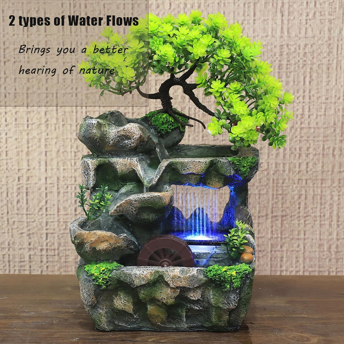Water Fountain Rockery Ornaments with Waterfall & LED Colorful Lights Mini Desktop Waterfall Small Rockery for Office, Home, Bedroom Desk Decoration