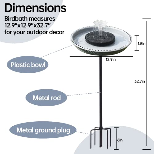 Solar Powered Bird Bath with Fountains for Hummingbirds,Stable Stylish Design with 5-Prong Base Metal Stake Plastic Bird Baths for outside Lawn Patio Yard Garden