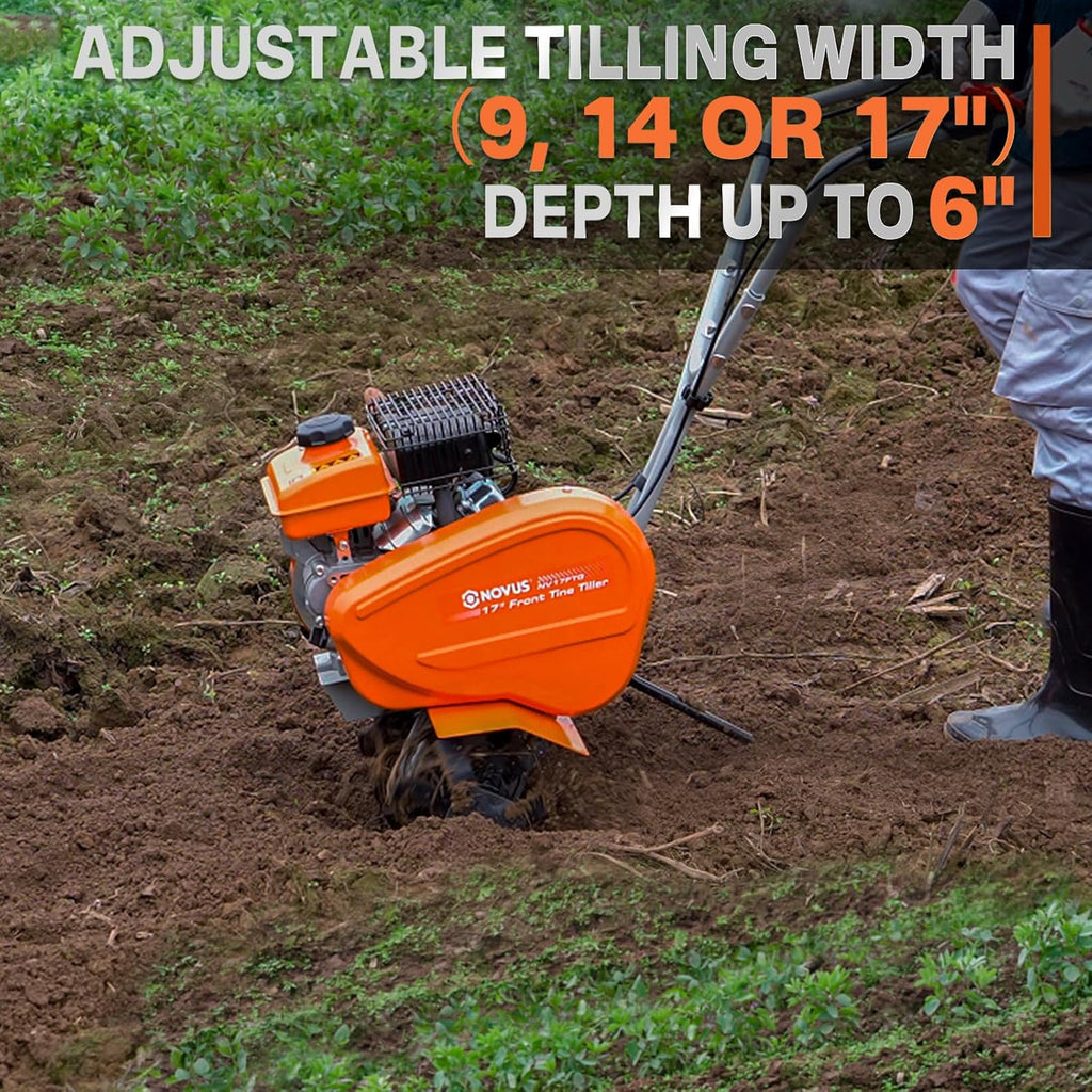 NOVUS 17-Inch Gas Tiller for Gardening, 2-in-1 Gas Powerd Front Tine Tiller Cultivator, 79 cc 4-Cycle Gas Engine, Toolless Tilling Width Adjustment, Forged Steel Tines, Integrated Transport Wheels