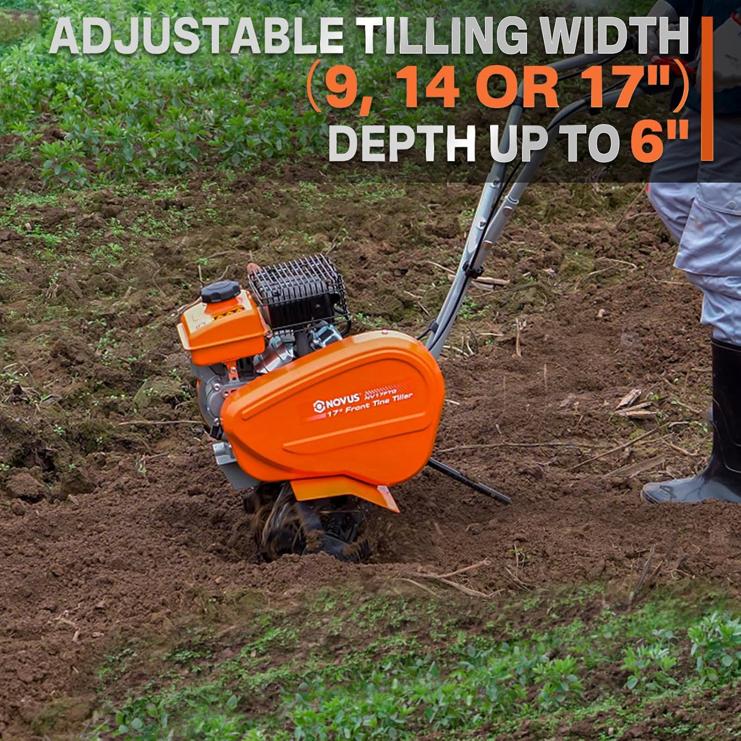 NOVUS 17-Inch Gas Tiller for Gardening, 2-in-1 Gas Powerd Front Tine Tiller Cultivator, 79 cc 4-Cycle Gas Engine, Toolless Tilling Width Adjustment, Forged Steel Tines, Integrated Transport Wheels