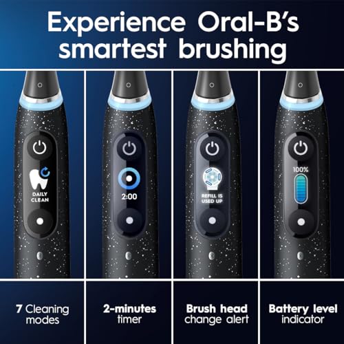Oral-B iO Series 10 Rechargeable Electric Toothbrush with Visible Pressure Sensor to Protect Gums, 2 Min Timer, 7 Cleaning Settings, 4 Replacement Toothbrush Heads, and Charging Travel Case, Black