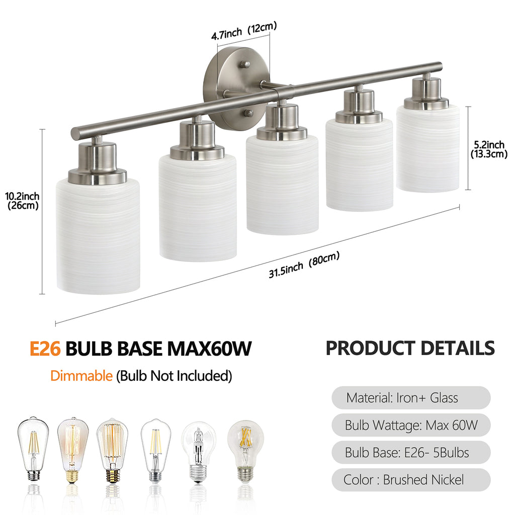 5-Light Silver Bathroom Vanity Light with Frosted Glass Shades - Wall Mounted Mirror Lighting for Bathroom/Bedroom, E26 Socket (Bulbs Not Included)