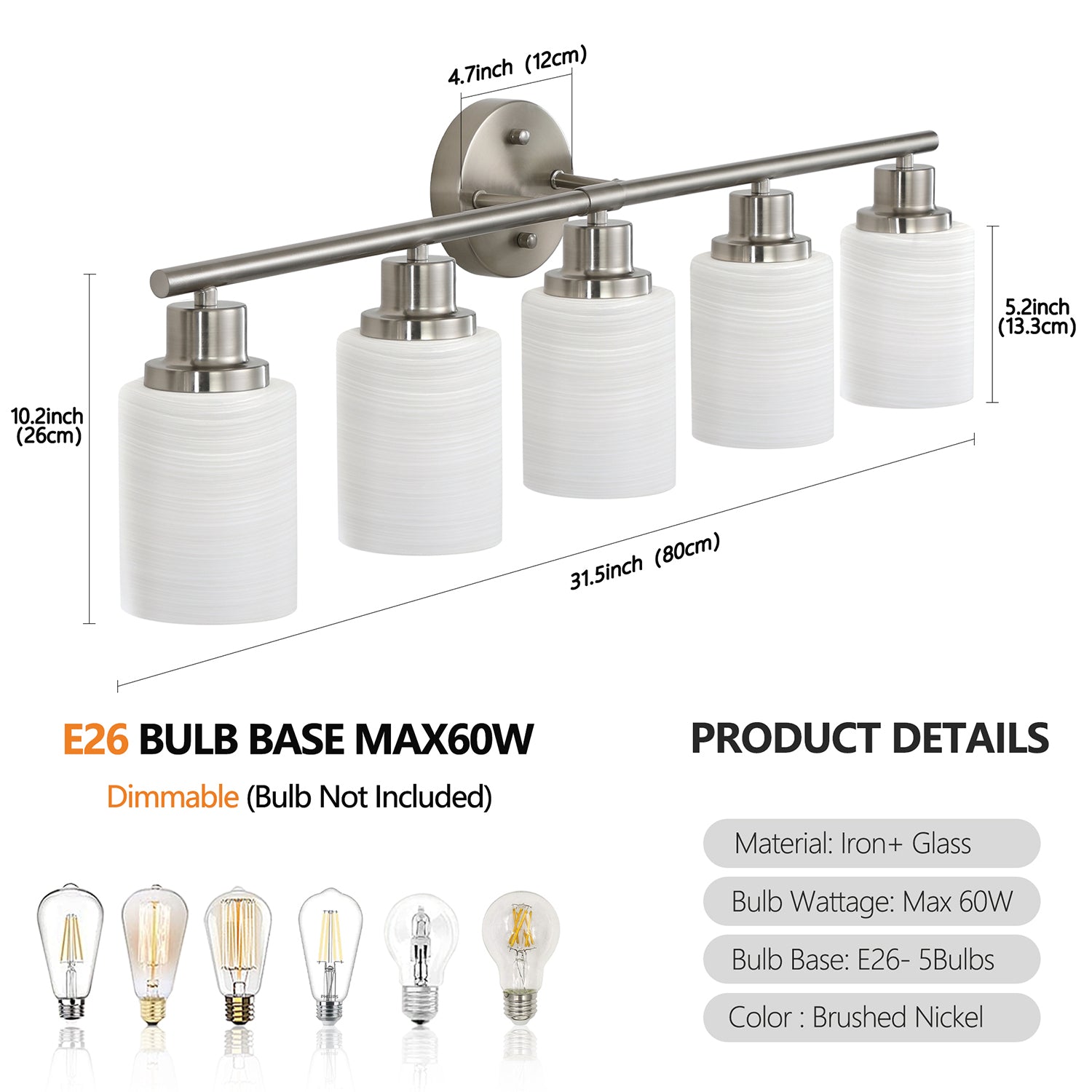 5-Light Silver Bathroom Vanity Light with Frosted Glass Shades - Wall Mounted Mirror Lighting for Bathroom/Bedroom, E26 Socket (Bulbs Not Included)