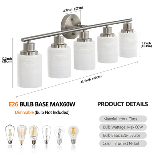 5-Light Silver Bathroom Vanity Light with Frosted Glass Shades - Wall Mounted Mirror Lighting for Bathroom/Bedroom, E26 Socket (Bulbs Not Included)