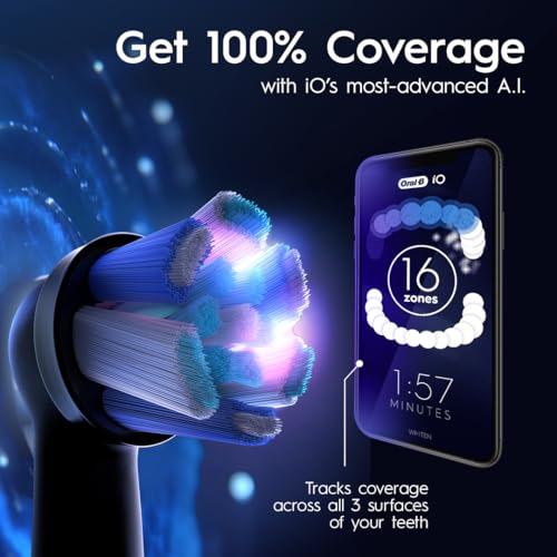 Oral-B iO Series 10 Rechargeable Electric Toothbrush with Visible Pressure Sensor to Protect Gums, 2 Min Timer, 7 Cleaning Settings, 4 Replacement Toothbrush Heads, and Charging Travel Case, Black