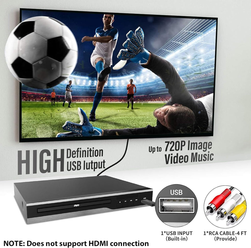 DVD Player, Region Free DVD Players for CD/DVD's, Compact DVD Player Supports NTSC/PAL System with RCA Stable Outputs/USB 128G Input, Contains Remote Control and RCA Cable(without HDMI Cable)