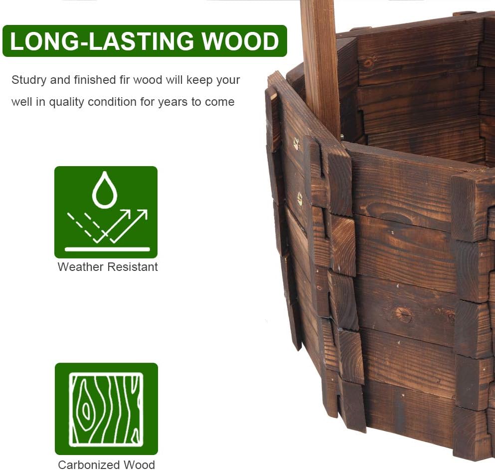 Wooden Wishing Well Planter, Outdoor Reinforced and Anticorrosive Wooden Wishing Well Flowerpot with Hanging Bucket