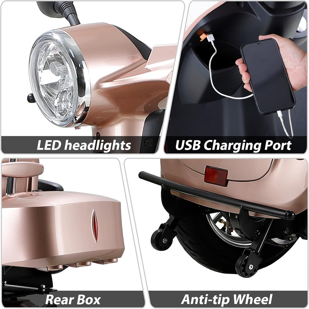 800W Heavy Duty 4 Wheel Mobility Scooters for Seniors & Adults 500lbs Capacity, Powered Mobility Scooters with 3-Speed Control & USB Charger Port, Under Seat Storage, Rose