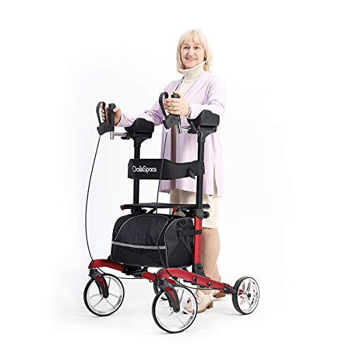 OasisSpace Upright Walker for Seniors - 10” Front Wheels Upright Rollator Walker with Seat and Padded Armrest, Folding Stand Up Walker Support up 300lbs,Gray
