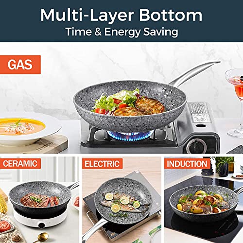 KOCH SYSTEME CS 8"+11" Premium Nonstick granite stone Frying Pan Sets, Gray Nonstick Frying Pan Sets with Lids, Aluminum Pan for Effortless Cooking, Kitchen Cookware Sets Compatible for all Stoves