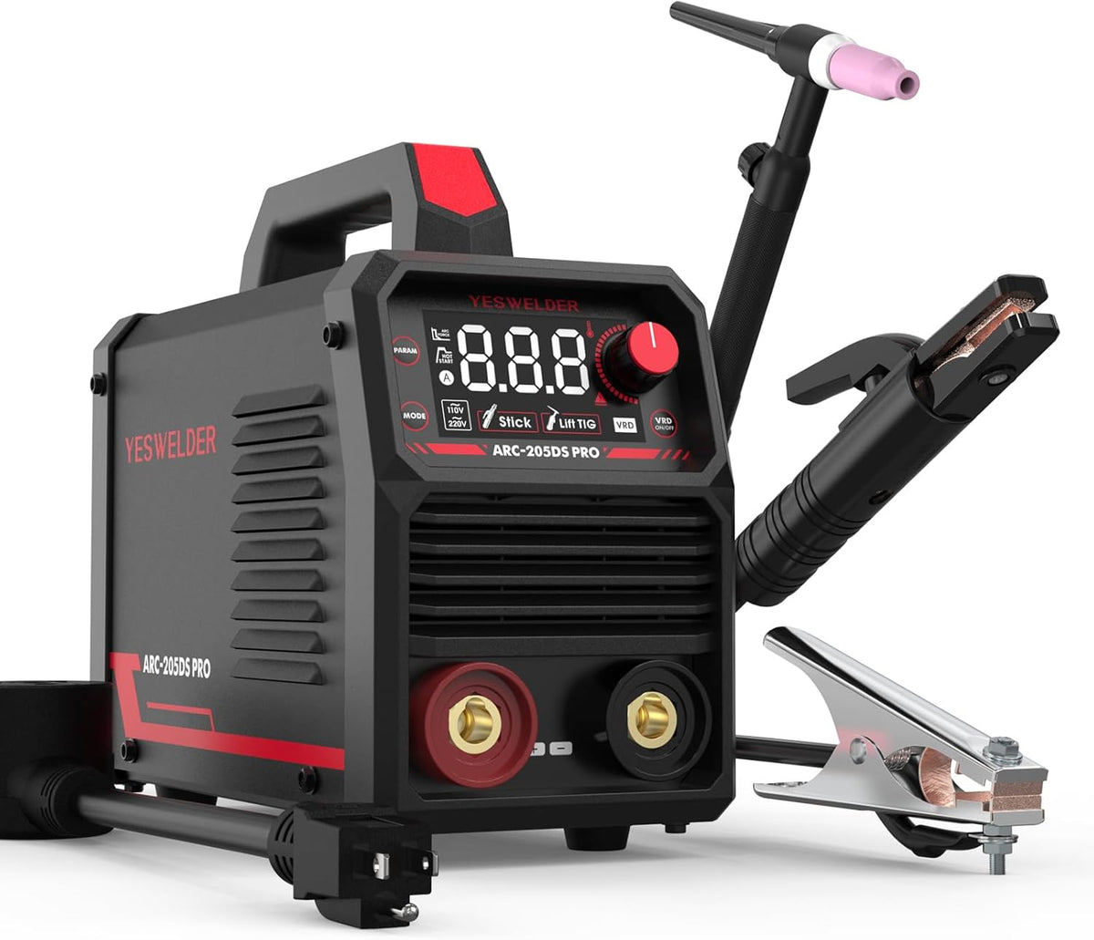 YESWELDER 205Amp Stick Welder with Lift TIG Torch, [Large LED Display] 110V/220V Dual Voltage Portable Welding Machine & Large Viewing Screen 3.93"X3.66" True Color Auto Darkening Welding Helmet