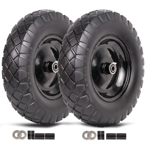 Wheelbarrow Tires 4.80/4.00-8 Flat Free-16"Universal Solid Wheels with 5/8" & 3/4" Bearings for Wheelbarrows/Hand Truck/Garden Trailers/Cart, Non-Slip Wheel Barrow Wheels and Tires Kit (2 Pack)