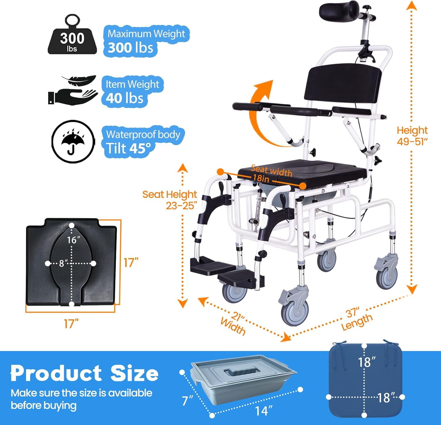 Upgrade Cushion-Juiwere Shower Chair with Arms and Back,Reclining Shower Chair with Wheels,Tilt 45° Shower Wheelchair with Headrest,Medical Shower Chairs for Adults