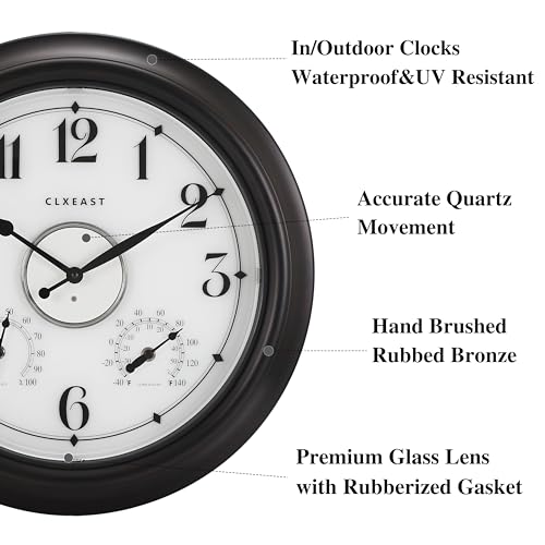Illuminated Outdoor Clocks Waterproof 18 inch with Smart Sensor,Large Outdoor Clock with Thermometer & Hygrometer for Garden Patio Pool,Oil Rubbed Bronze Black,Unique Housewarming Gifts